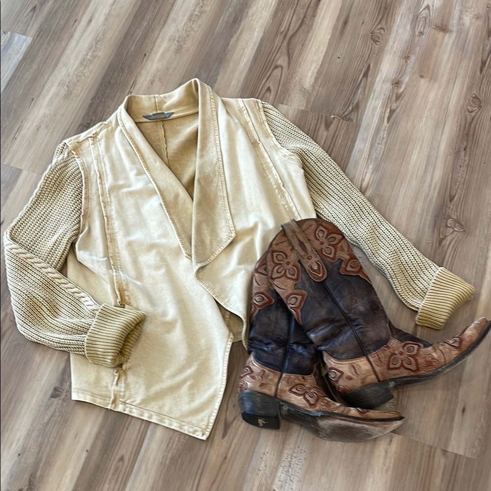 Tan Knit Blazer with Draped Open Front